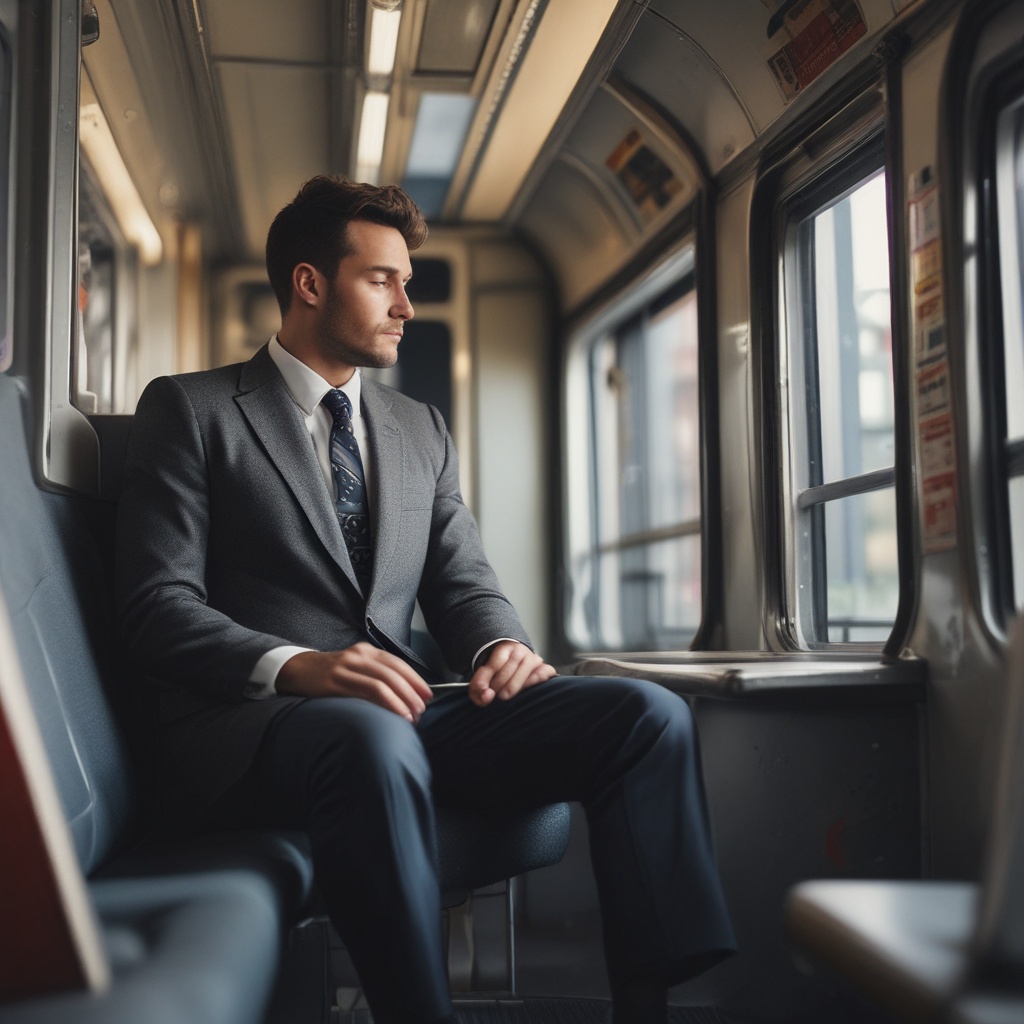 A fatigued man wearing a suit sitting in a train